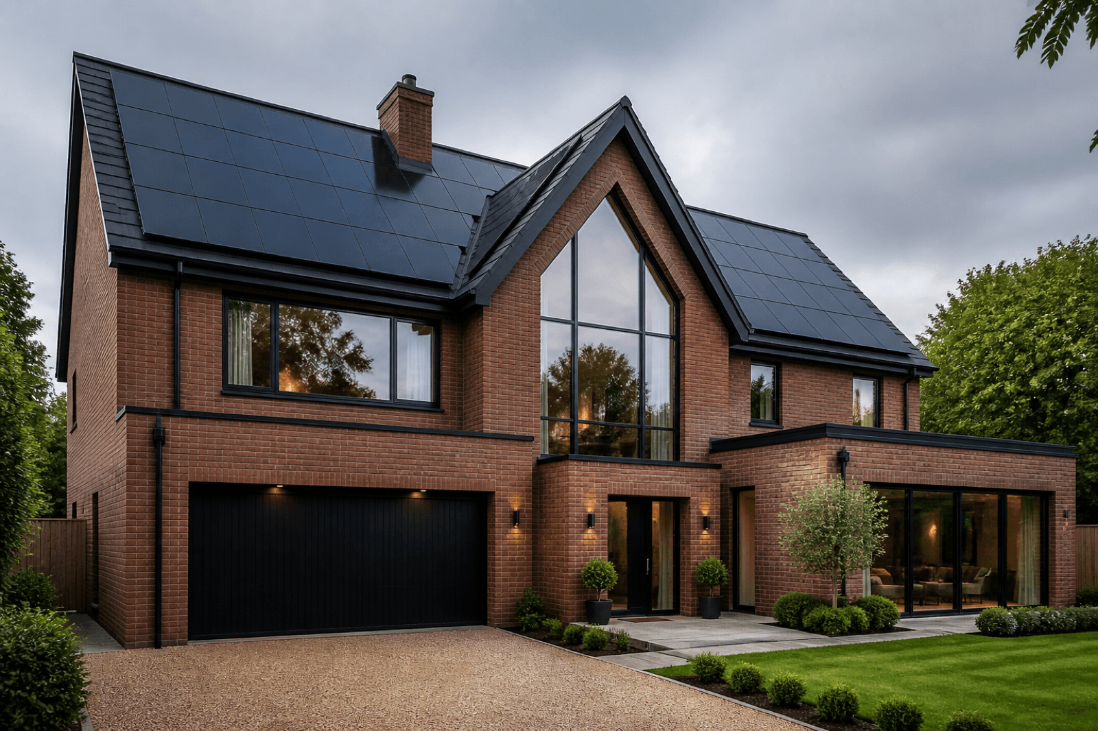 Modern Nottingham brick home with seamless all-black LONGi EcoLife solar panels