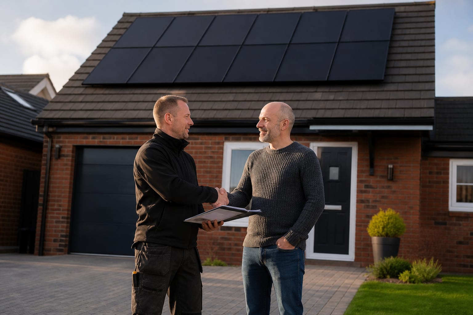 Installer and homeowner reviewing the completed solar system handover