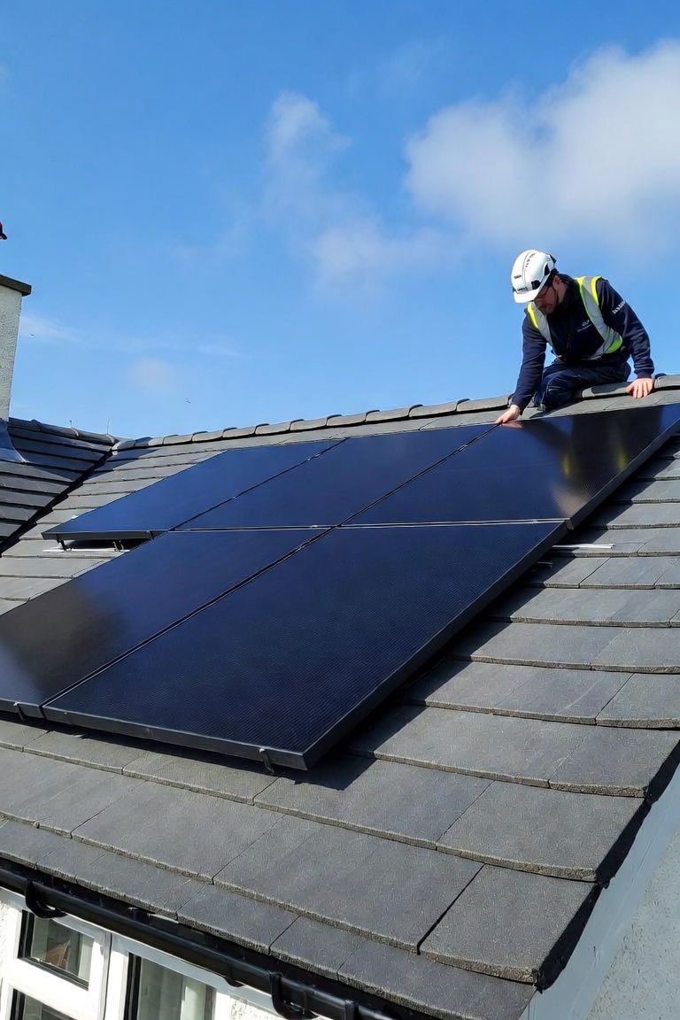 Professional residential solar installation scene