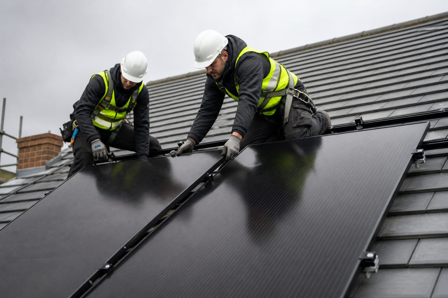 Installers mounting all-black solar panels on a residential roof