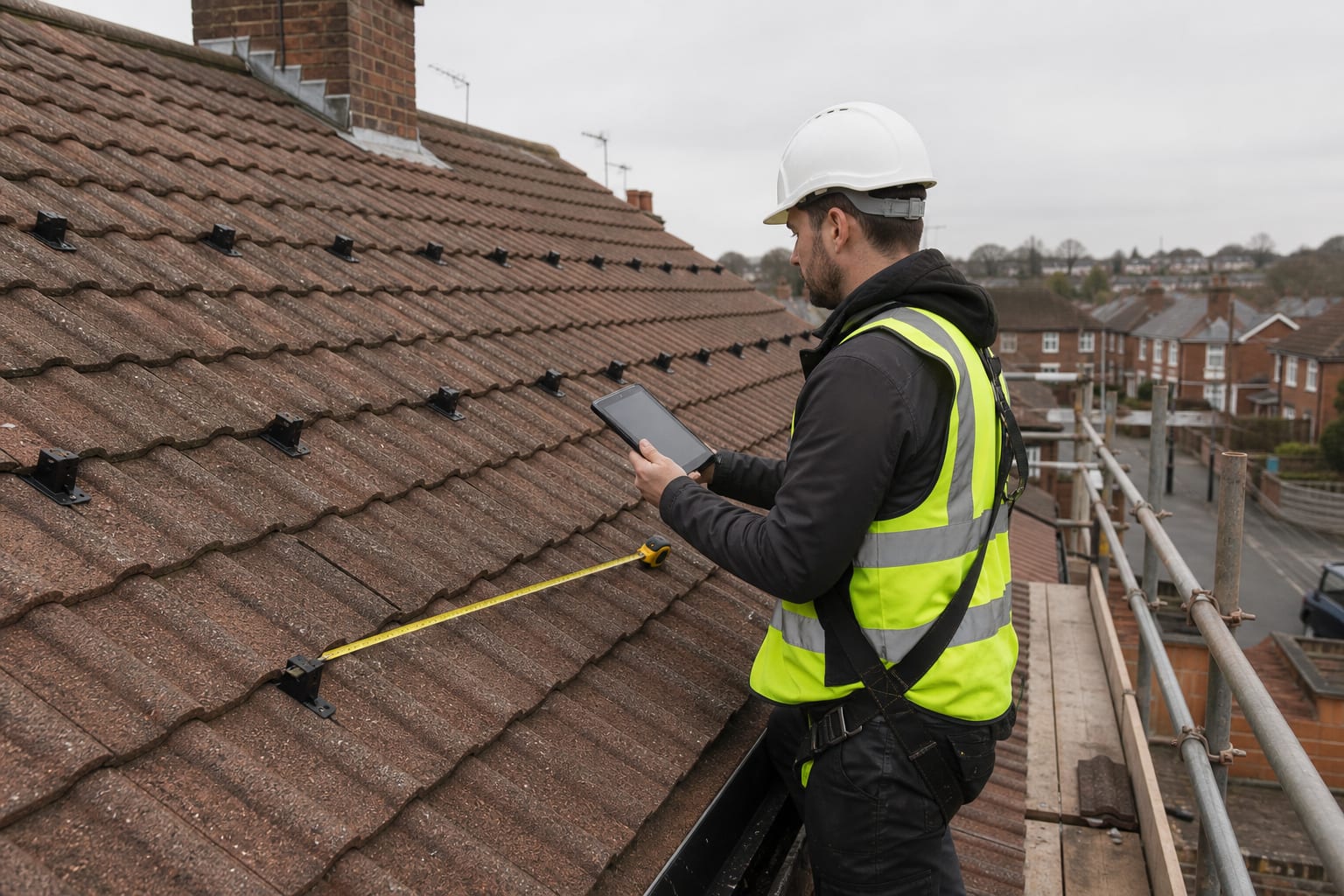 Solar technician surveying a UK residential roof before installation